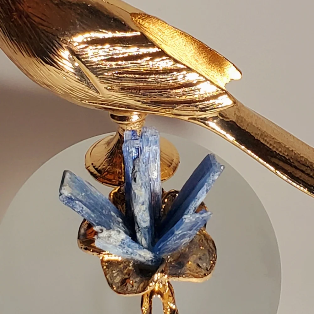 Modern Minimalist Art Glass Sculpture with Gold Tone Bird  & Quartz Gemstones